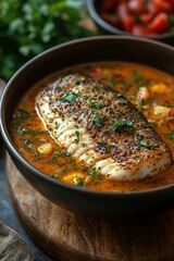 Close-up of a Bowl of Spicy Fish Stew with Parsley Garnish