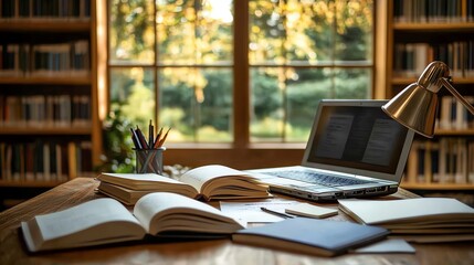 Cozy workspace with open books, laptop, and stationery by a window overlooking a peaceful garden.