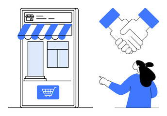 A storefront on a mobile device, shaking hands and a person pointing. Ideal for digital marketing, e-commerce, business partnerships, customer engagement and online shopping. Modern vector style