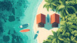 © Thiago - An aerial view of three rustic beach huts on a tropical island with surfboards and palm trees. Tropical Island Shoreline. Illustration