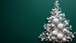 © Thiago - An elegant white paper cut-out christmas tree adorned with silver and white ornaments, set against a deep green background. Paper Cutout Art. Illustration