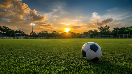 Soccer Football on Green Field with Dramatic Sunset Sky and Lighting