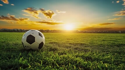 Soccer ball on lush green field during dramatic sunset with vibrant sky