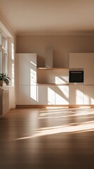 Poster - A kitchen with white cabinets and a wood floor. The sun is shining through the window, casting a warm glow on the room
