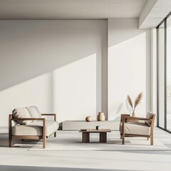 Poster - A living room with a white wall and two brown chairs. A vase is on a table in the middle of the room