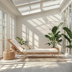 Poster - A bright, modern conservatory featuring a comfortable lounger, lush green plants, and large windows allowing natural light to flood the space.