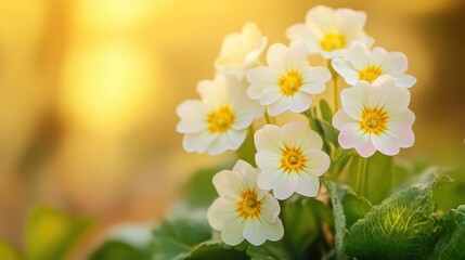 Poster - Macro shot of spring forest flowers with primroses set against a soft golden blurred background An elegant and artistic floral scene ideal for wallpaper or card designs