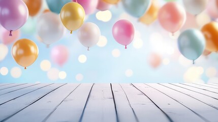 Poster - White wooden table in the front with a blurred backdrop featuring colorful balloons