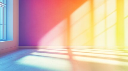 Poster - Contemporary interior featuring a vibrant rainbow gradient with geometric sunlight and shadows Ideal for wall mockup presentations