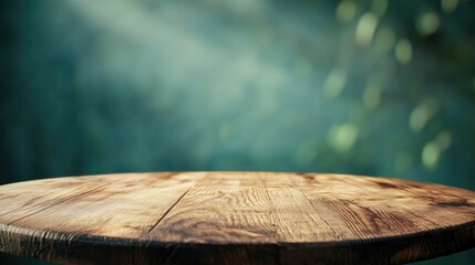 Poster - Circular wooden tabletop with a soft focus green backdrop
