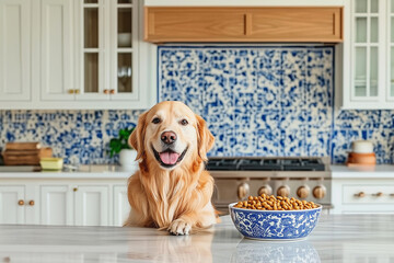 the big dog sits on the floor in the bright kitchen near the bowl of dry food pet care, vet, add, blog, web