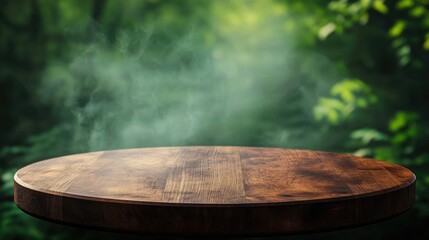 Poster - Circular wooden tabletop with a soft focus green backdrop