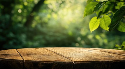 Poster - Circular wooden tabletop with a soft focus green backdrop