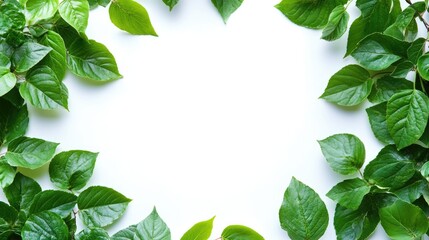 Poster - Panoramic style frame of green leaves on a white background
