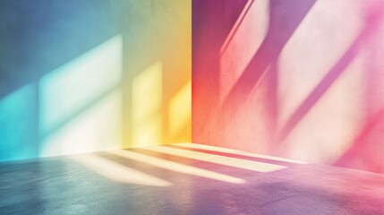 Aufkleber - Contemporary interior featuring a vibrant rainbow gradient with geometric sunlight and shadows Ideal for wall mockup presentations