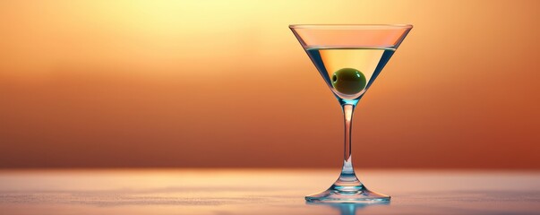 A refreshing martini glass with a green olive, against a stunning sunset background.