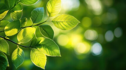 Wall Mural - Vibrant green leaves illuminated by sunlight set against a gentle bokeh backdrop creating a serene and rejuvenating atmosphere