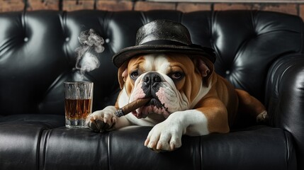 a bulldog relaxes on a luxurious black leather sofa donning a fashionable hat and puffing a cigar ac