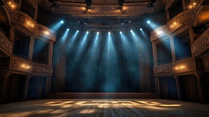 Poster - Empty theater featuring a central stage illuminated by spotlights