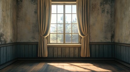 Poster - Empty room featuring a wooden window adorned with curtains