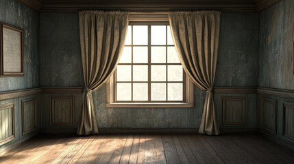 Poster - Empty room featuring a wooden window adorned with curtains