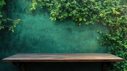 Poster - Wooden table positioned in front of a green wall backdrop High quality image