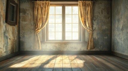 Poster - Empty room featuring a wooden window adorned with curtains