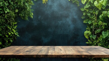 Poster - Wooden table positioned in front of a green wall backdrop High quality image