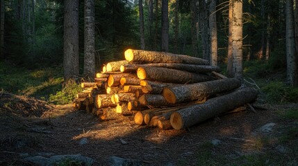 Poster - Pile of logs casting light on the forest ground