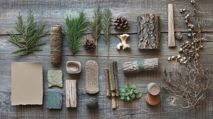 Poster - An artistic arrangement of natural materials on a rustic wooden surface perfect for crafting authentic brand identity visuals