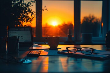 Poster - Silhouette of a morning work desk with essential items.