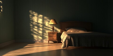 Poster - A bedroom with a bed, nightstand, and lamp. The room is dimly lit, and the bed is unmade