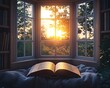 ©  Shahr Bano - A cozy reading corner by a bay window an open book resting on a soft cushion with the evening sun filtering in