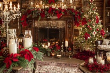 Wall Mural - A cozy living room with a fireplace and a Christmas tree