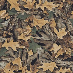 Maple Tree Leaves Autumn Foliage and Tree Bark Hunting Camouflage, Seamless Camo Pattern