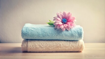 Wall Mural - Soft pastel towels with floral accents create a serene, minimalist aesthetic perfect for enhancing relaxation in any spa, bathroom, or home decor setting.