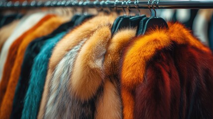 elegant fur coats in an array of colors are displayed on metal hangers in a stylish boutique showcas