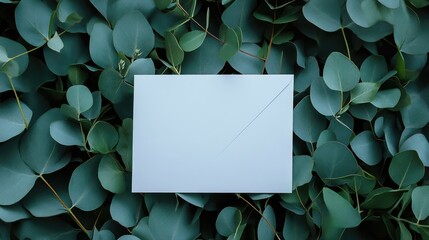 A blank invitation and greeting card set beautifully arranged among vibrant eucalyptus leaves showcasing the blend of nature and design in a flat lay presentation