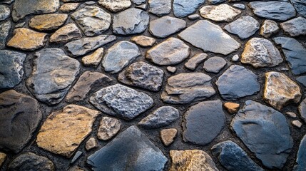 Pavement made of rocks stones and cobblestones for constructing pathways roads or sidewalks