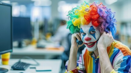 A clown in an office setting, wearing a headset and smiling. AI.