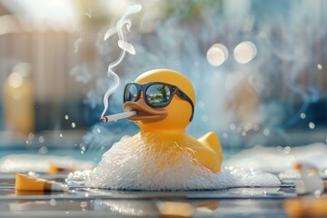 A rubber duck with sunglasses and a cigarette in its beak. AI.