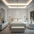 © Global Perspectives - Luxurious bedroom interior, elegant white decor, tray ceiling with cove lighting, king-size bed with upholstered headboard, mirrored closet door, modern wall sconces, plush ottoman, sleek white dresse
