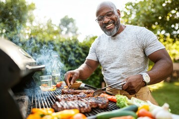 Man grilling meat and vegetables on a barbecue. AI.