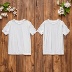 Two plain white t-shirts laid on wooden background with flowers.