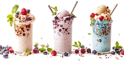 Poster - Delicious Ice Cream Milkshakes in Colorful Glasses on a Clean Surface Generative AI