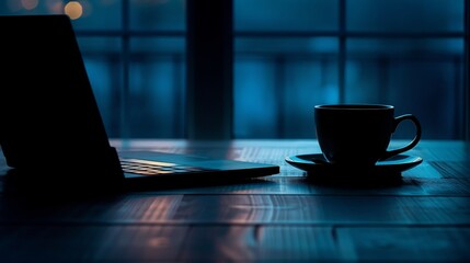 Poster - Silhouette of a morning job setup with a laptop and coffee.