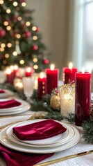 Poster - A table is set for a Christmas dinner with a red tablecloth and white plates