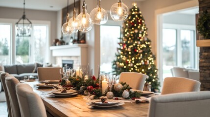 Poster - A Christmas tree is lit up in a living room with a table full of plates
