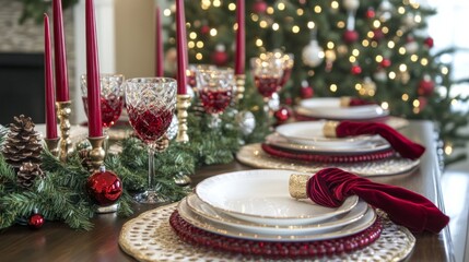 Poster - A table with a red tablecloth and white plates and napkins