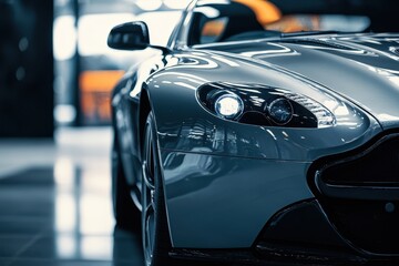 A modern luxury gray sports car parked in a dark environment, showcasing its shiny clean lines and detailed front view, ideal for high-end automotive advertising concepts and stylish imagery